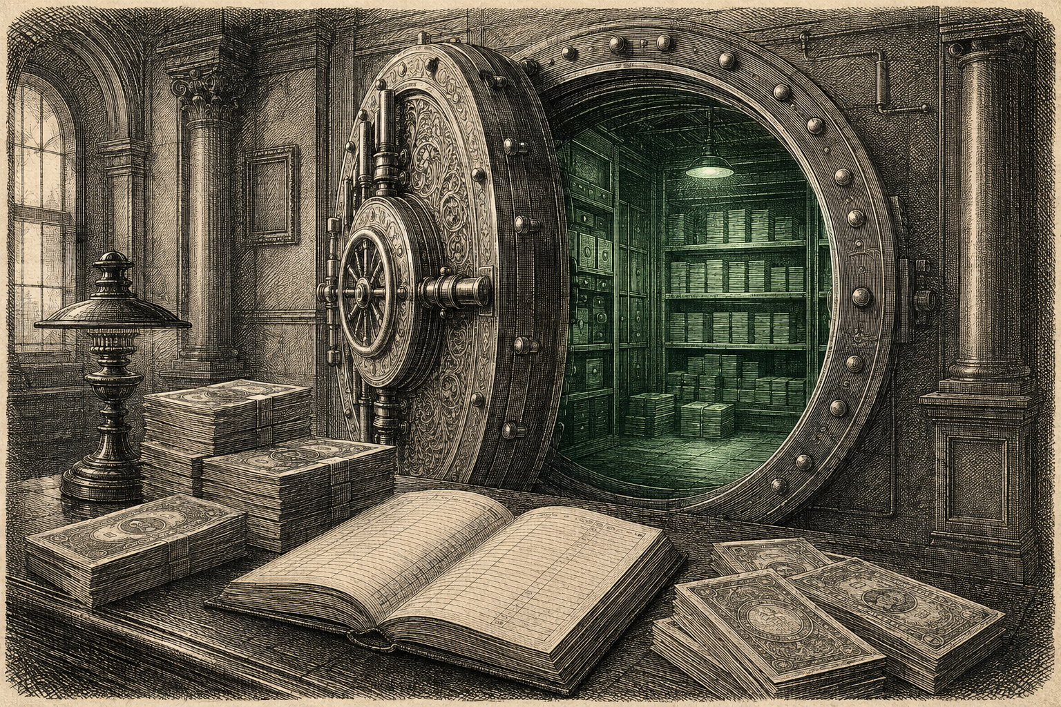 An engraved antique bank vault opening onto an emerald glow, beside a ledger and banknotes