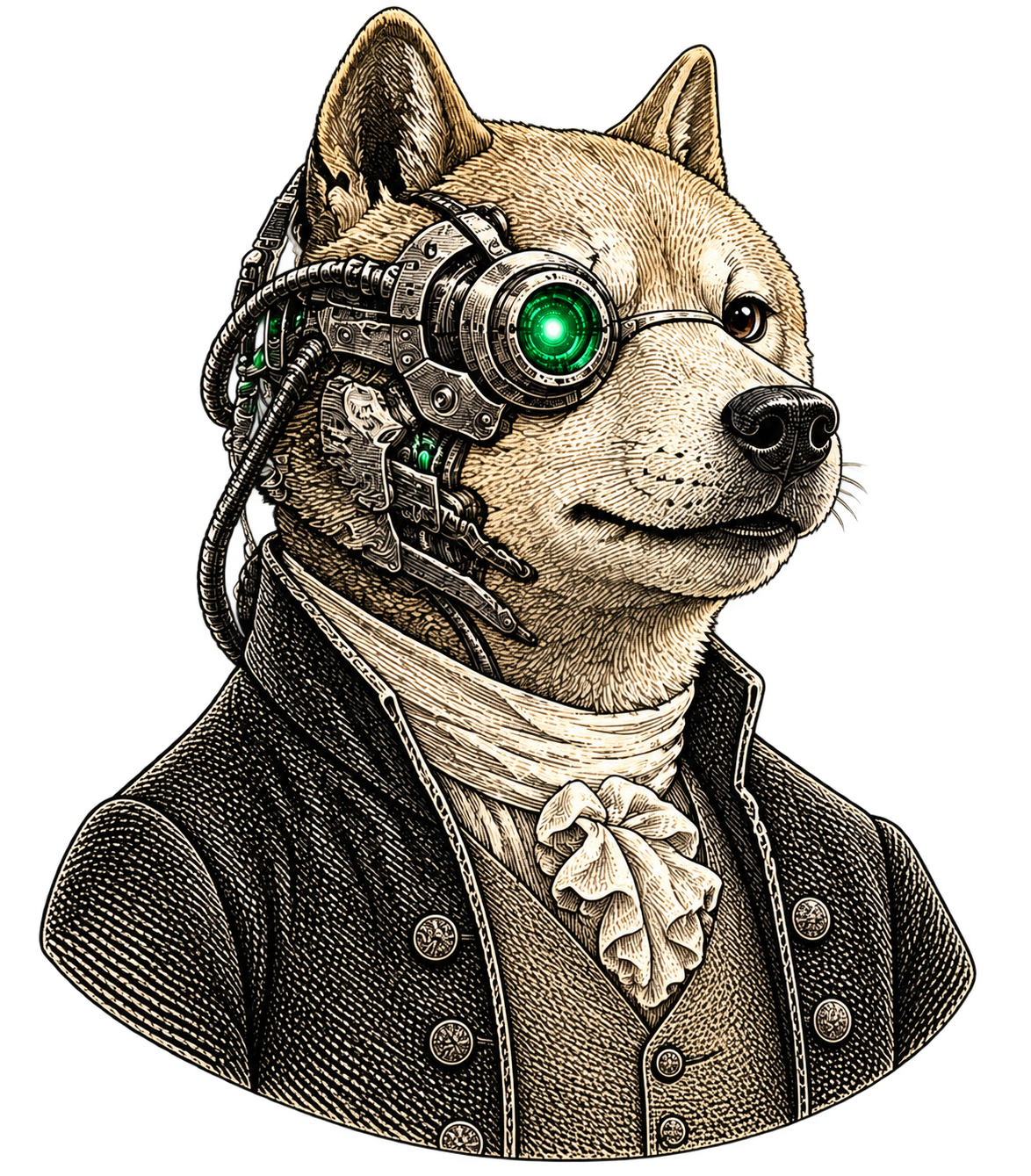 Backs, a Shiba in an engraved ceremonial jacket with an emerald mechanical eye